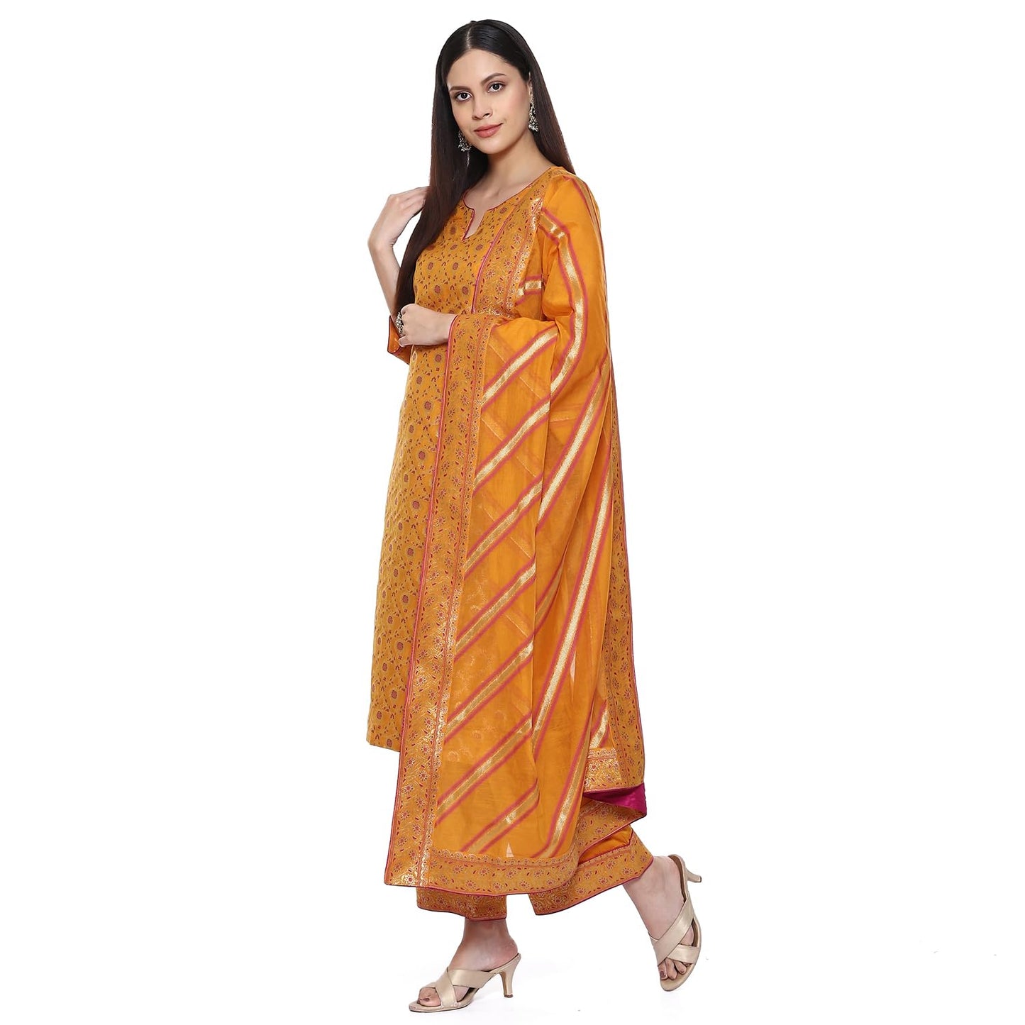 BIBA Women's Polyester Blend Kurta Palazzo Suit Set Yellow M