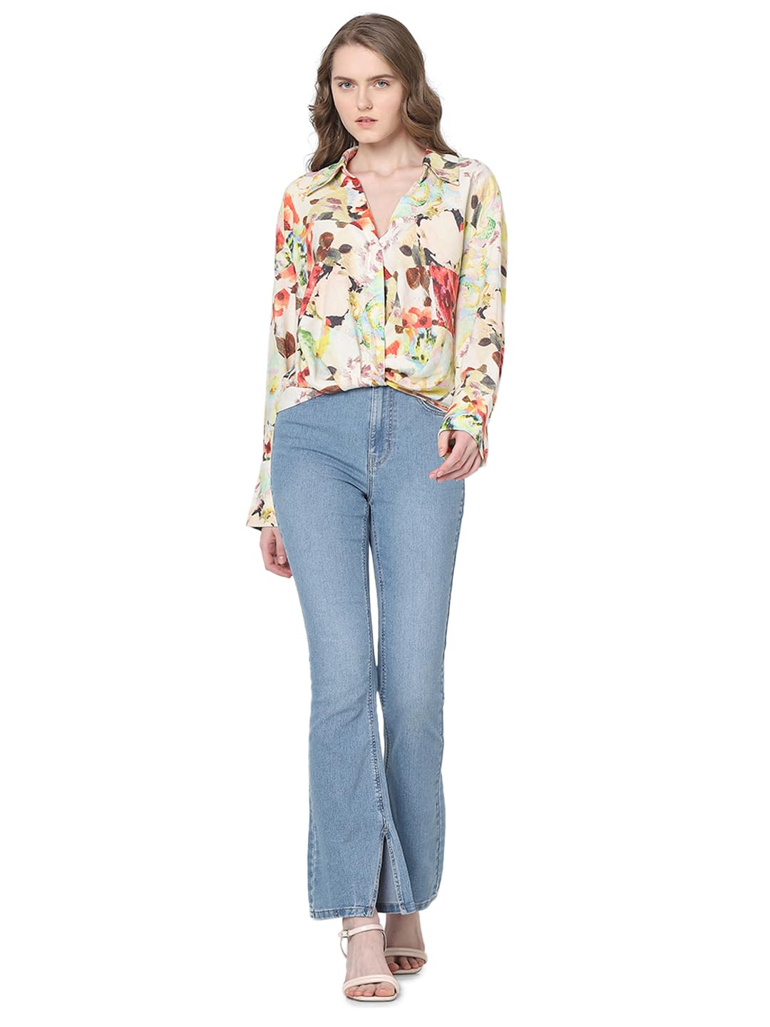 VERO MODA Women Floral Print Beige Viscose Regular Fit Shirt