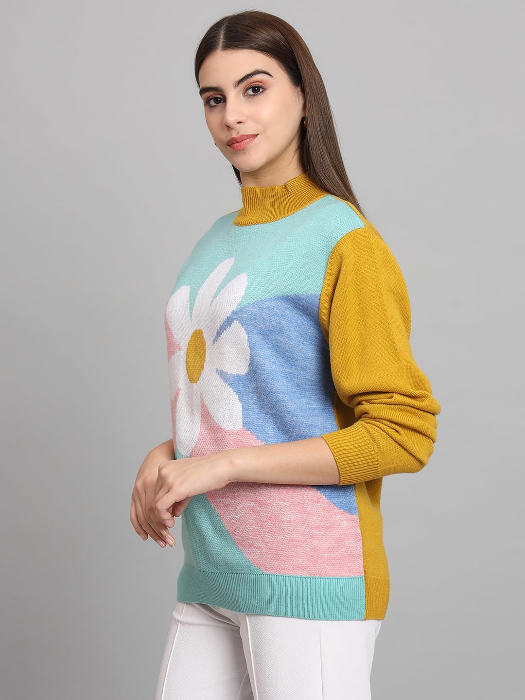THE DRY STATE Womens Full Sleeves Round Neck Floral Colorblock Pullover Sweater