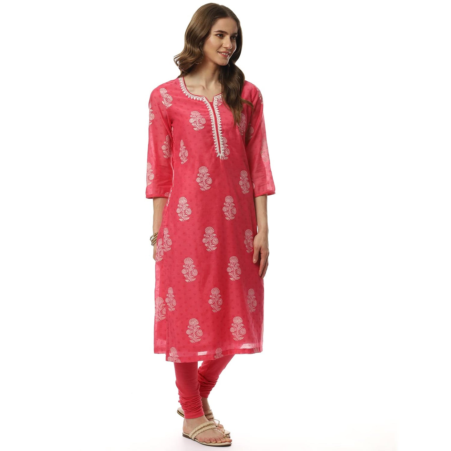 BIBA Women's Cotton Pink Straight Kurta Churidar Suit Set
