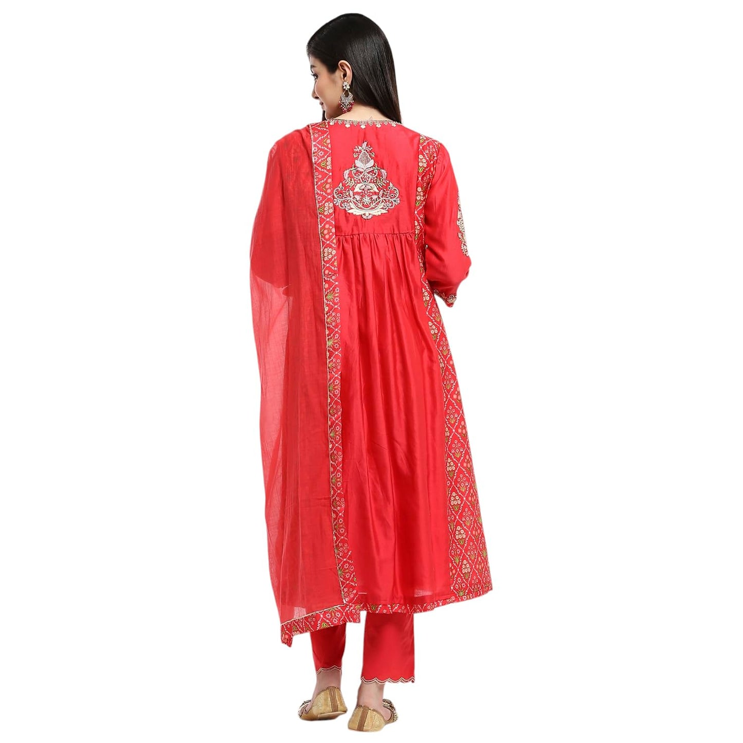 Biba Women's Silk Chanderi Kurta Set (SKDKALKR9823AW24CRLRED_Coral-Red