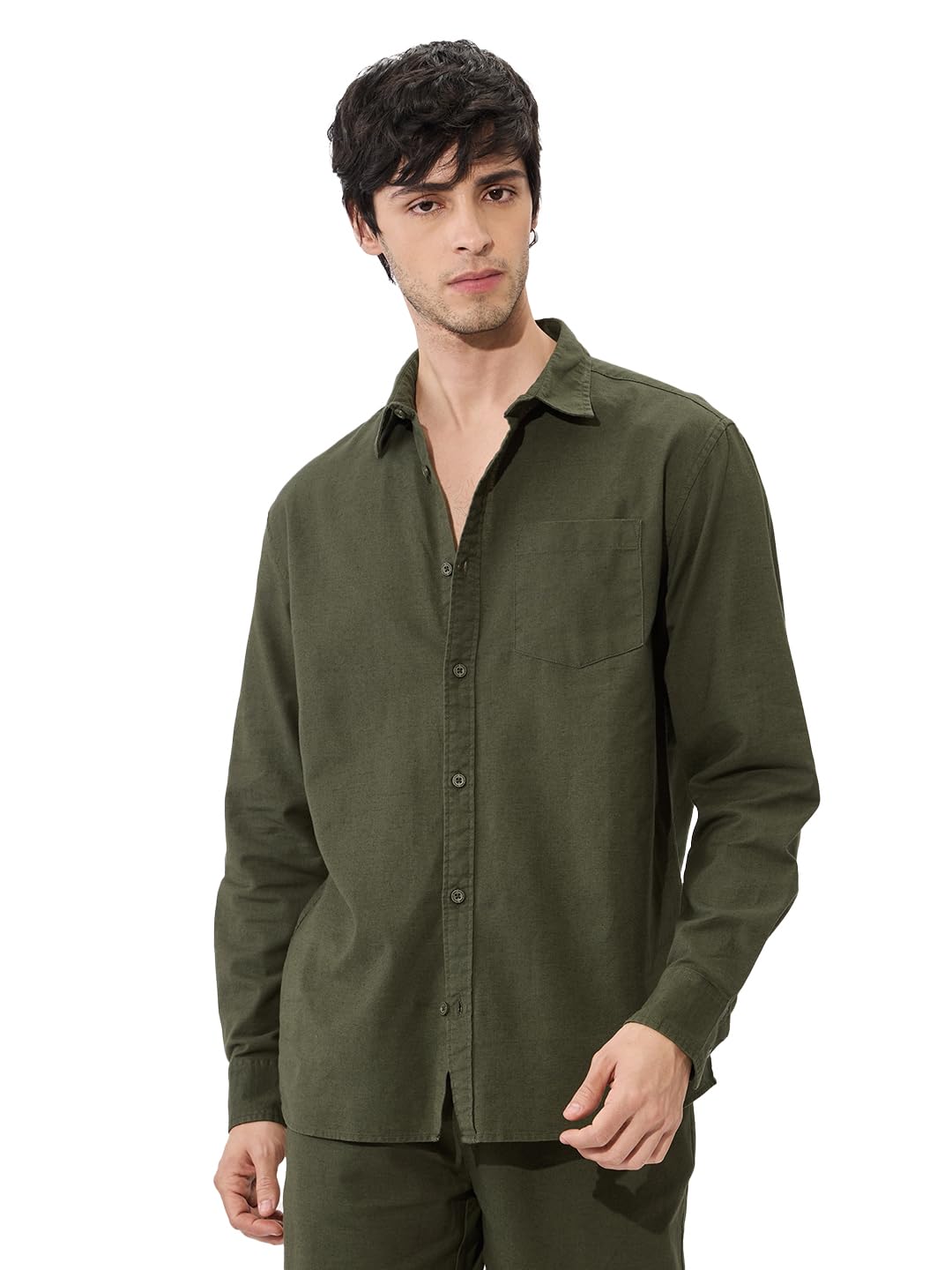 The Souled Store Solids: Olive Green Men and Boys Collared Neck Long Sleeve Button Front Regular Fit Cotton Linen Shirts Solid Shirts Casual Button-Down Full Sleeve Casual Workwear Fashionable Stylish