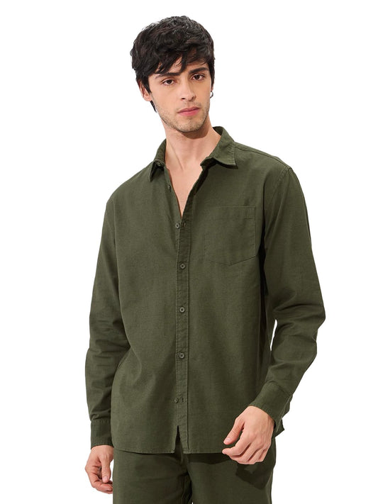 The Souled Store Solids: Olive Green Men and Boys Collared Neck Long Sleeve Button Front Regular Fit Cotton Linen Shirts Solid Shirts Casual Button-Down Full Sleeve Casual Workwear Fashionable Stylish