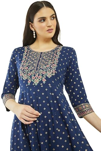 Soch Womens Blue Rayon Floral Embroidered Dress Kurta with Waist Tie-Up