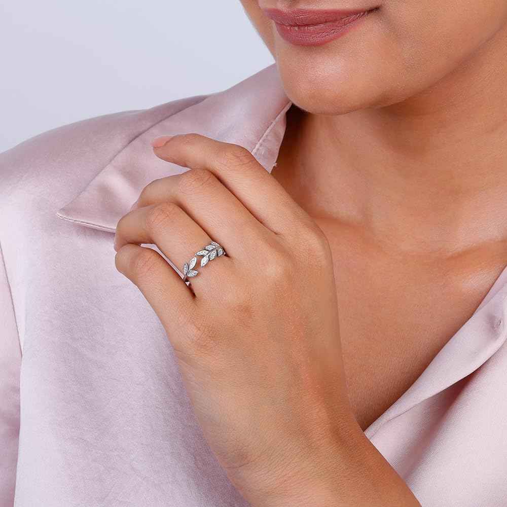 GIVA 925 Silver Anushka Sharma Zircon Leaf Ring, Adjustable | Valentine Gift for Girlfriend Wife Women & Girls | With Certificate of Authenticity and 925 Stamp | 6 Month Warranty*
