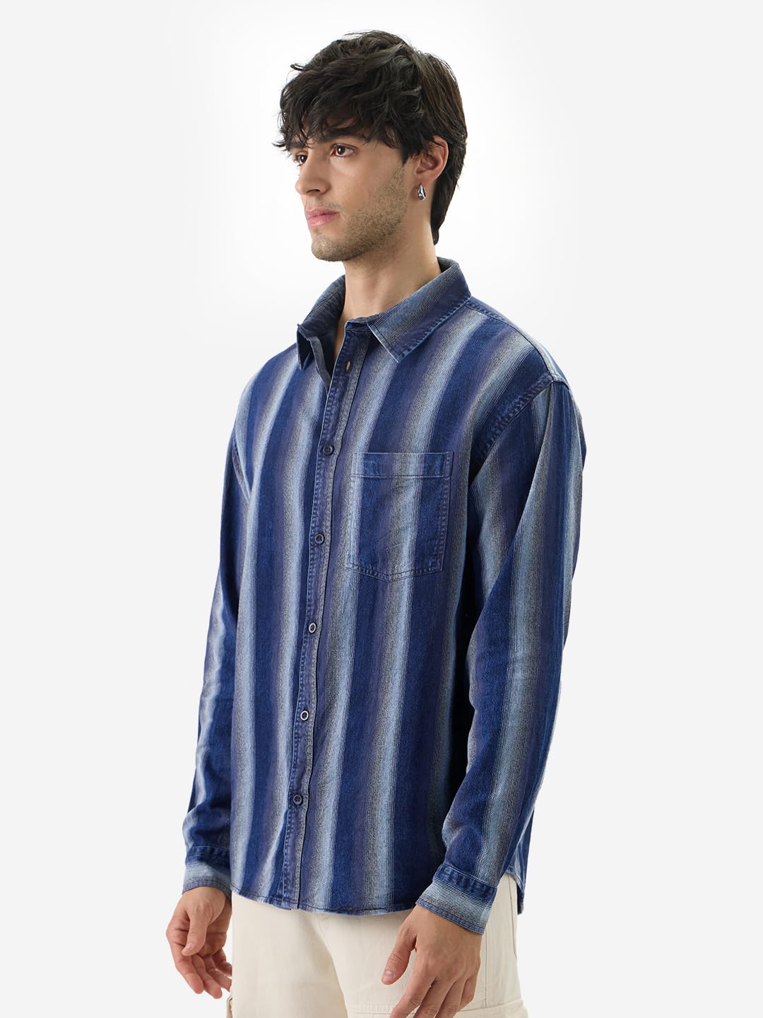 The Souled Store Stripes: Shades of Blue Men and Boys Long Sleeve Collared Neck Button Front Cotton Relaxed Fit Shirts