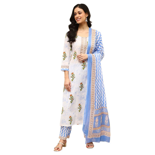 BIBA Women White Cotton Screen Print Unstitched Suit Set_FREE SIZE