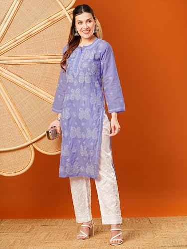 Ada Hand Embroidered Lucknowi Chikankari Cotton Kurti Kurta for Women A411610 Mauve (L)