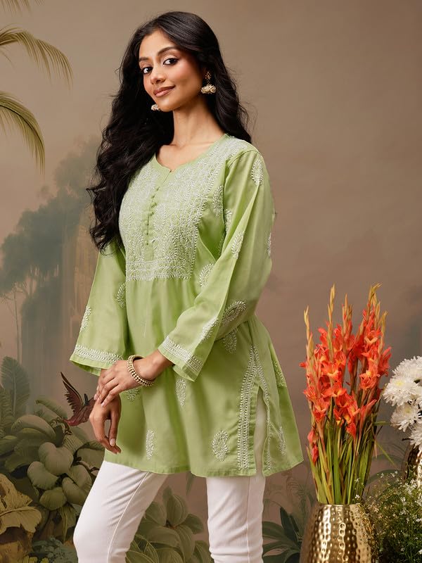 Ada Women Cotton Relaxed Fit Hand Embroidered Green Short Kurta Kurti Lucknow Chikankari Top Tunic A911461 (XS)
