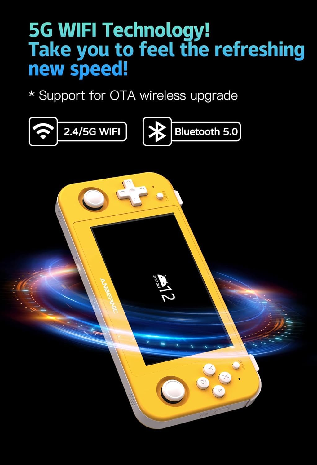 New World Anber-nic RG505 Android 12 Portable Game Console, Unisoc Tiger T618, 128GB Support 3172 Games, Gyro Sensor, 4.95" OLED Touchscreen, Support PS2 /PSP games Handheld Video game-Yellow
