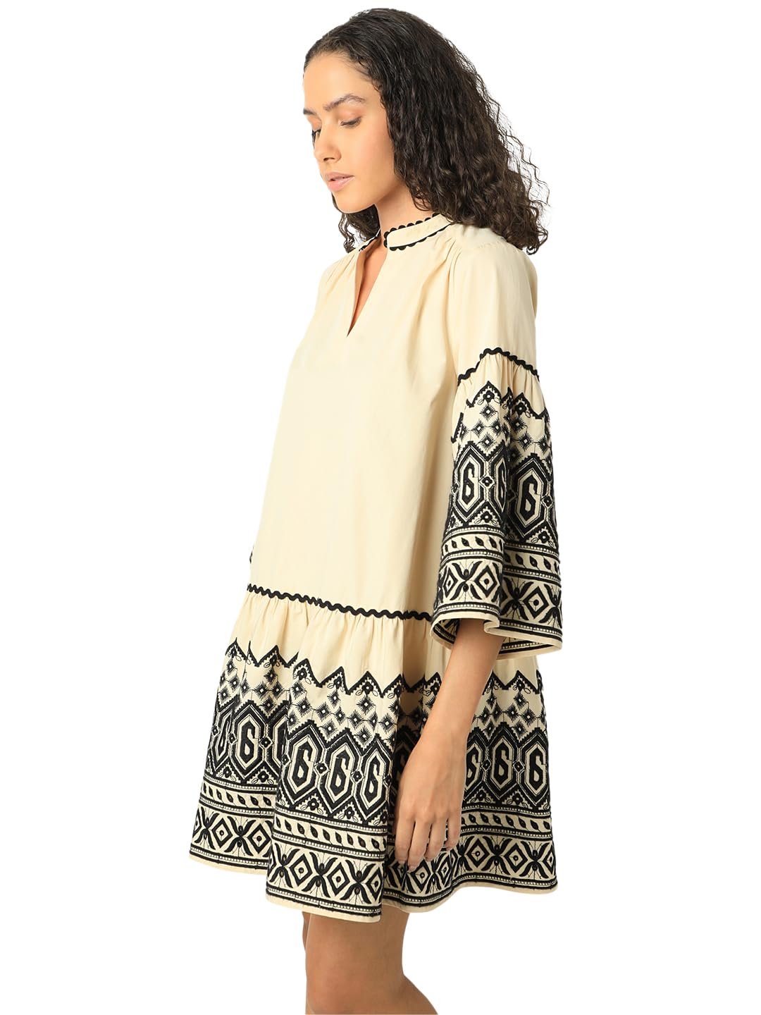 VERO MODA Women Embroidered Yellow Cotton Midi Length Fit and Flare Dress