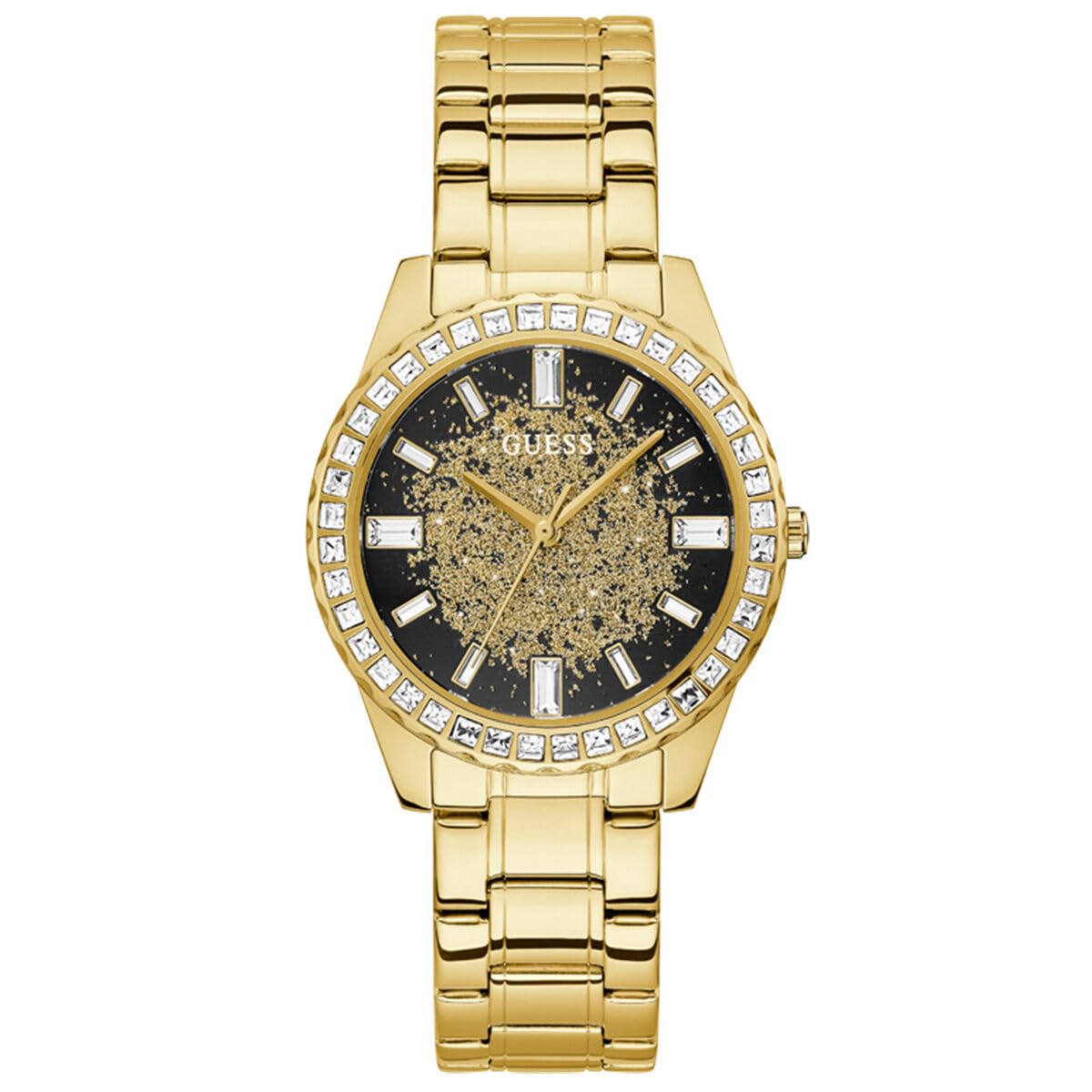 GUESS Stainless Steel Glitter Burst Collection Analog Black Dial Women Watch-Gw0405L2, Gold Band