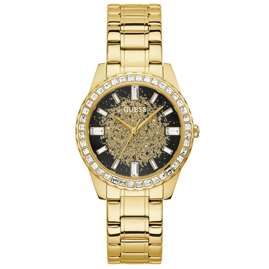 GUESS Stainless Steel Glitter Burst Collection Analog Black Dial Women Watch-Gw0405L2, Gold Band