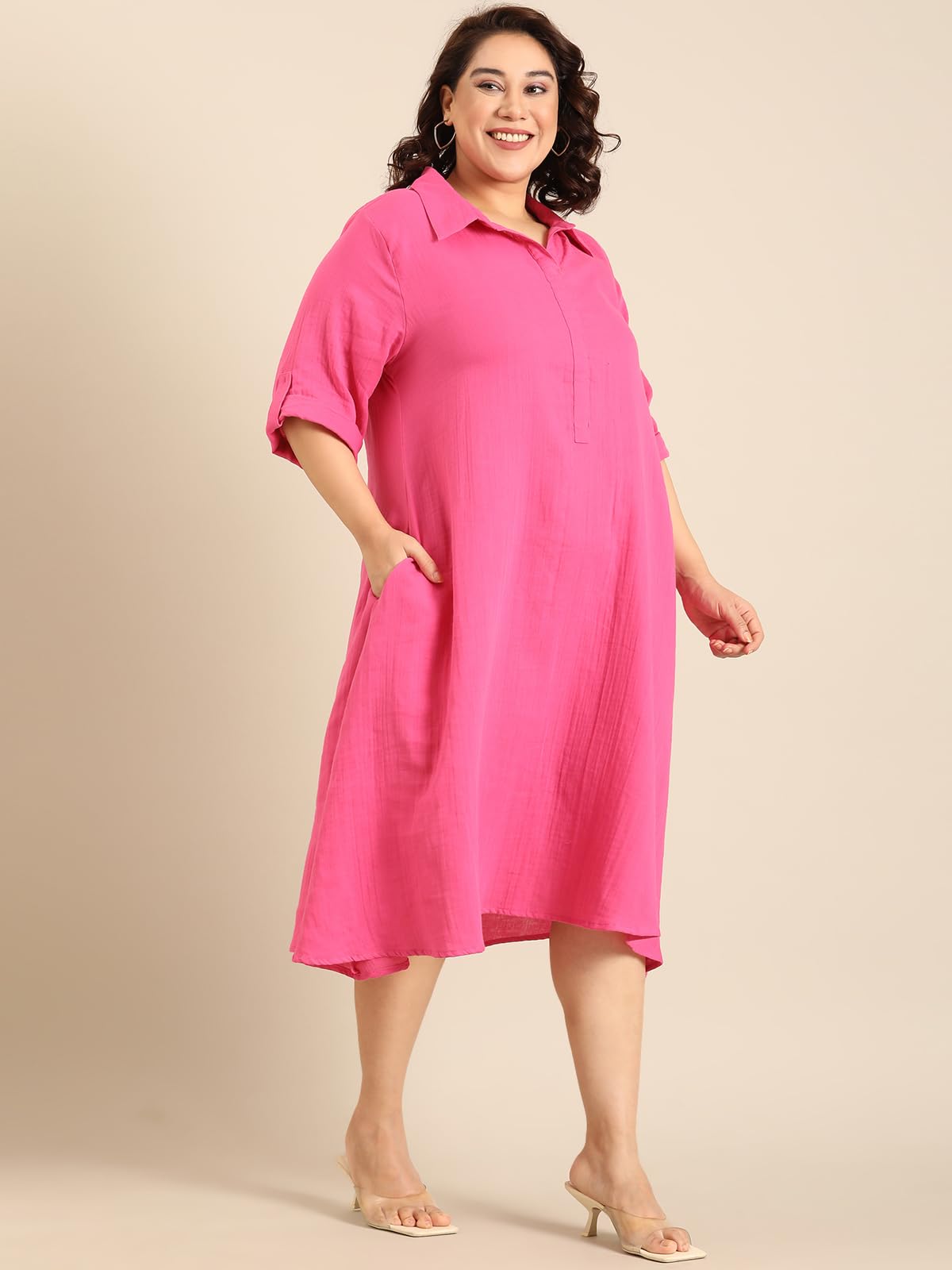 the PINK MOON Women's Plus Pink A-Line Shirt Dress (DRS CH PNKDC 3XL)