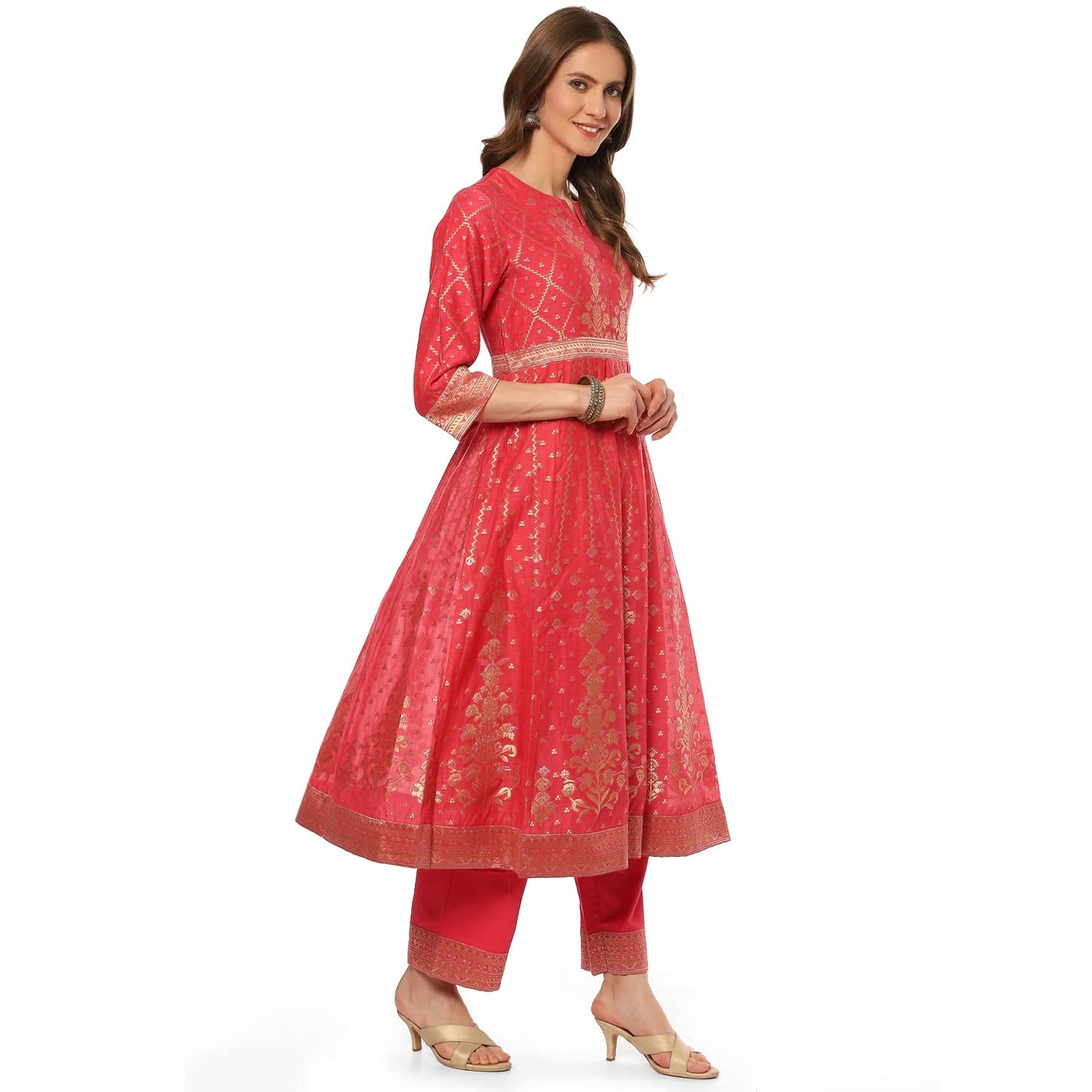 BIBA WOMEN YARNDYED NARROW SALWAR KURTA DUPATTA(SKDBANARAS8136_FUCHSIA_36)