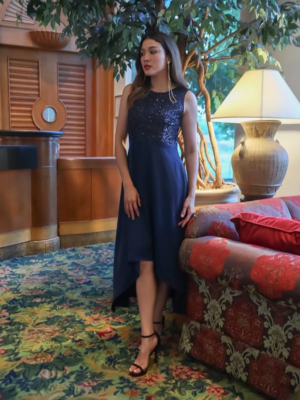 Zink ondon Women's Navy Blue Sequinned Fit & Flared Maxi Dress