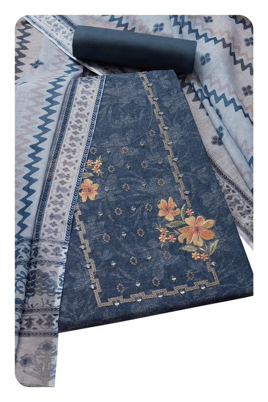 Soch Womens Indigo Linen Floral Unstitch Dress Material With Mirror Work
