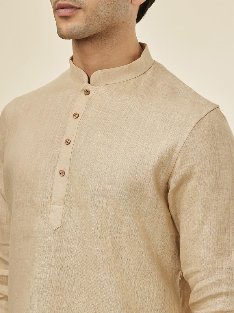 Manyavar Mens Fawn Linen Short Kurta