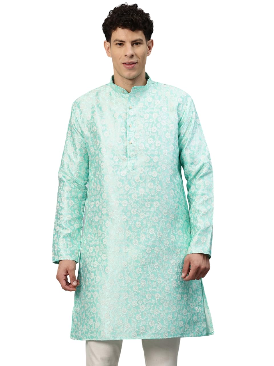 Luxrio Men's Silk Blend Jacquard Self Embroidered Textured Long Kurta Full Sleeves Green Size M