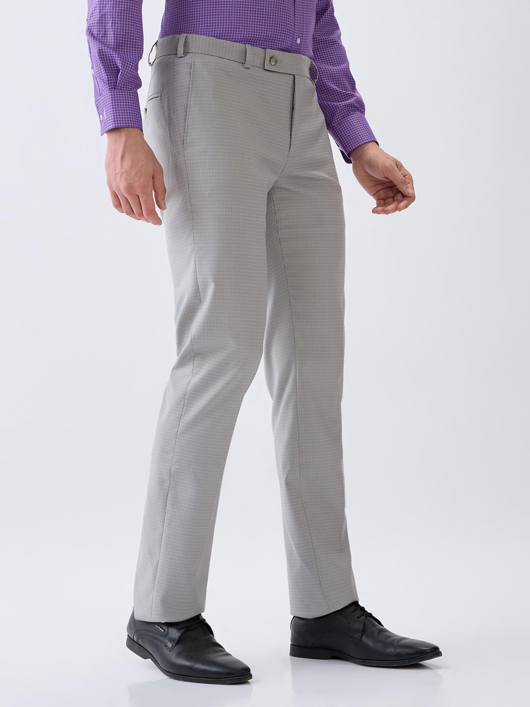 Park Avenue Men Slim Fit Checks Pattern Poly Viscose Blend Flat Front Formal Trouser (Size: 34)-PMTC08072 Light Grey