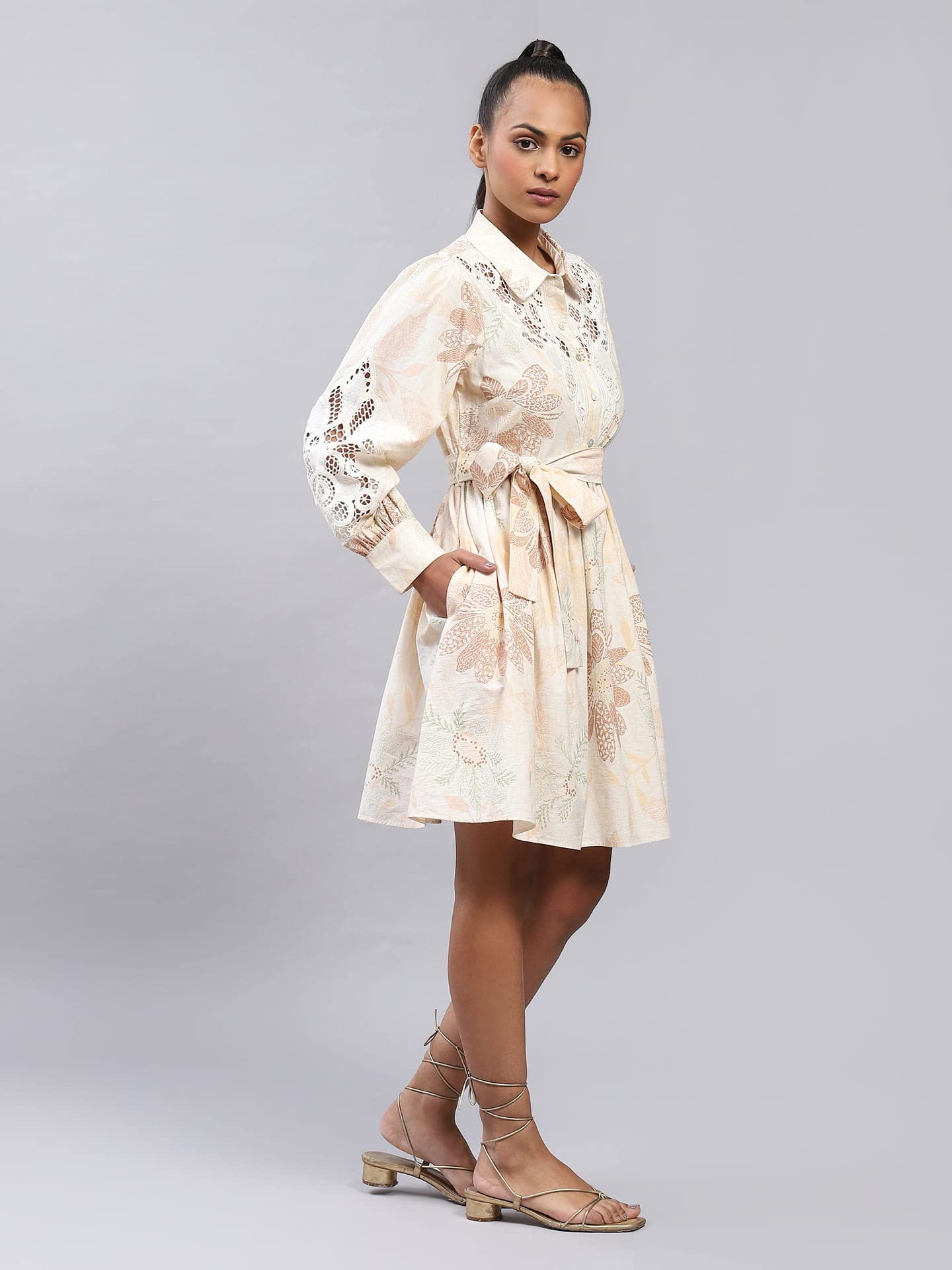 Label RITU KUMAR Ecru Embroidered Tie-Up Short Dress with Inner