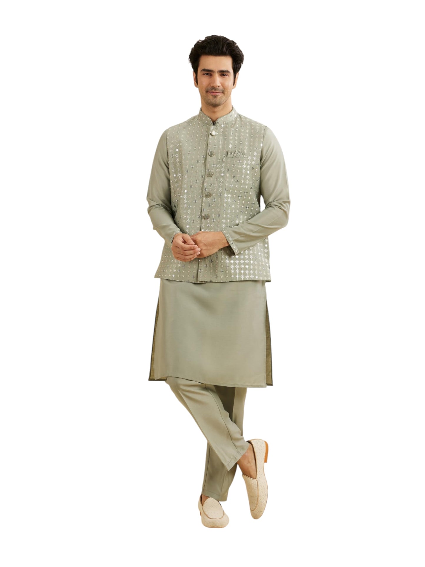 Manyavar Men's Art Silk Embroidery|Sequin Work Kurta Jacket Set (Light Mid Green,S)