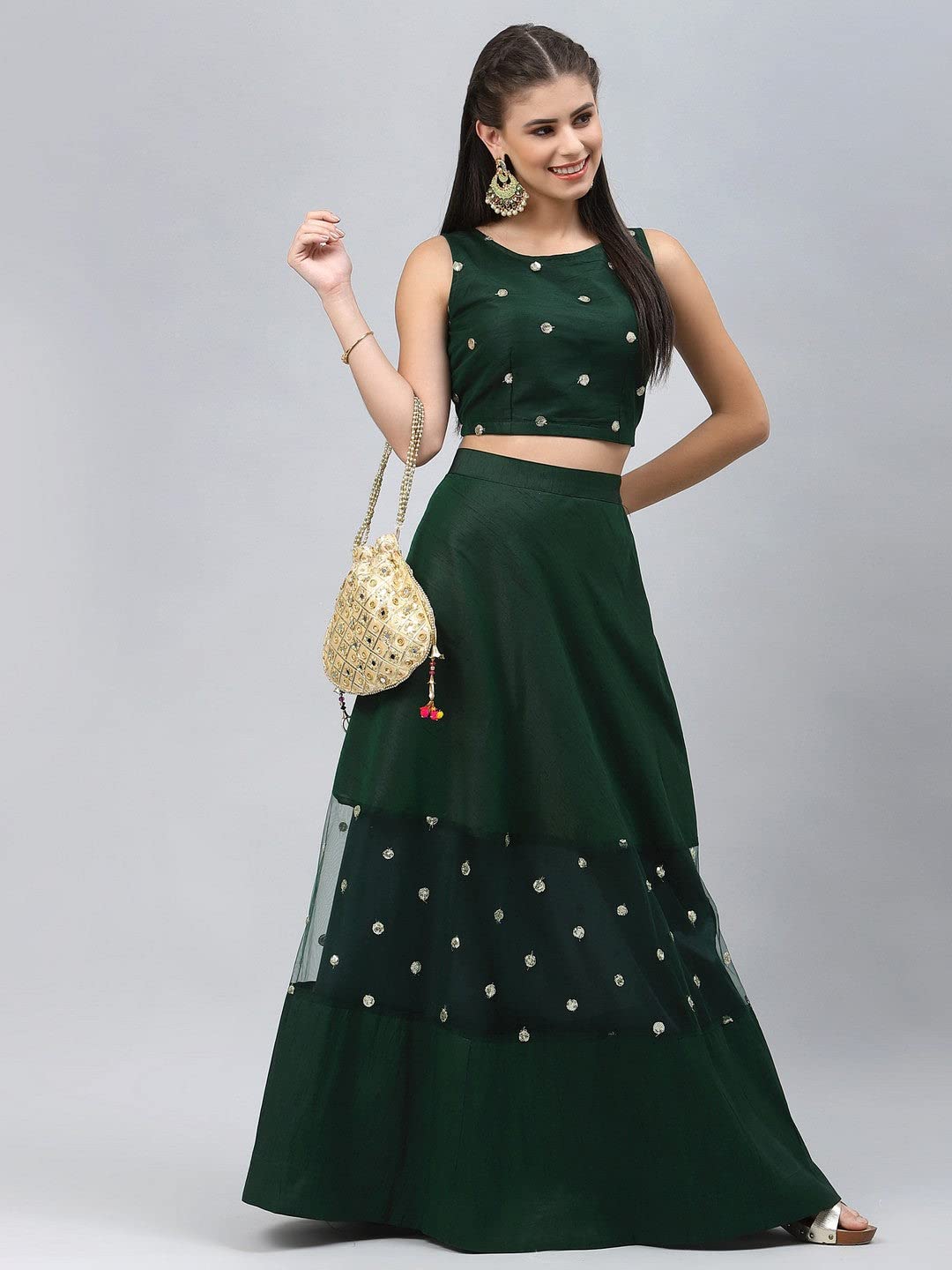 studio rasa Net Women's Girls Sequin Embroidered Sleeveless Blouse Crop Top For Wedding Festive(Tpwc22044S_Bl_Green_Small)