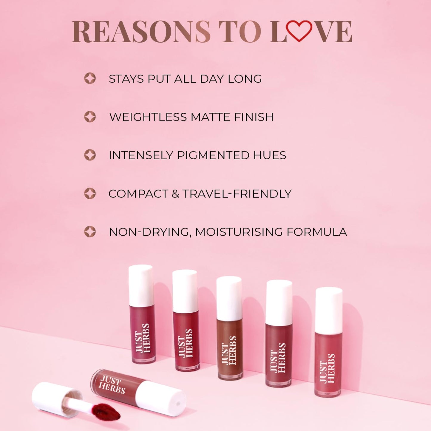 Just Herbs Ayurvedic Liquid Lipstick Kit Set of 5 with Long Lasting Matte Finish, Hydrating & Lightweight Lip Colour, Deeps & Reds - Paraben & Silicon Free - 5 ml