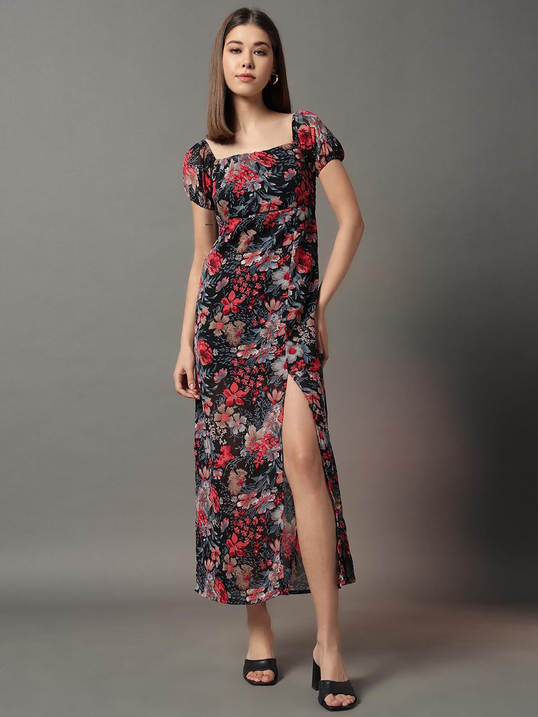 Trend Arrest.ed Floral Printed Maxi Dress for Women with Lining | Square Neck Puff Sleeve Slit Style | Casual Western Long Dress for Day