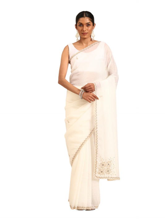 MOHEY Women's Cream Crepe Moti Work & Zari Saree (CREAM)