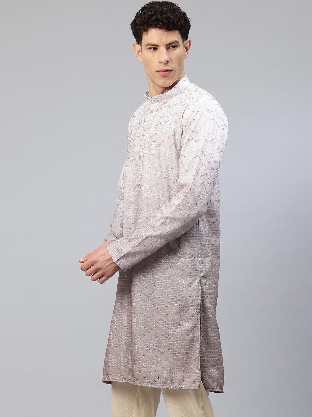 Luxrio Men's Ombre Shaded Sequence Self Embroidered Textured Long Kurta Full Sleeves Beige Size XXL