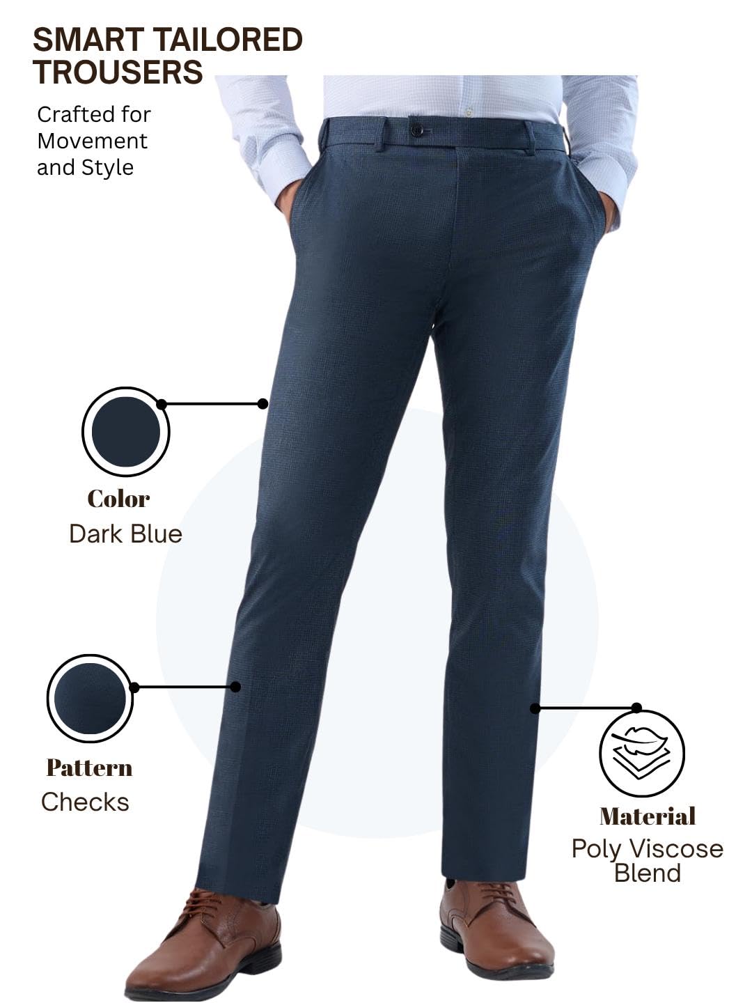 Raymond Men’s Slim Fit Formal Trousers, Polyester Blend, Flat Front, Checked Design, Office Wear | Dark Blue