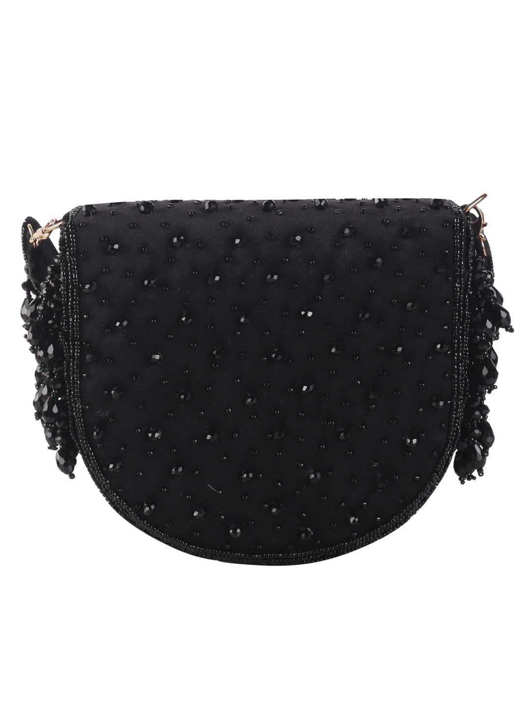 SWISNI Crystal Embroidered Clutch Bag With Megnetic Closure Handheld Purrse | For Bridal With Detachable Sling (Black)