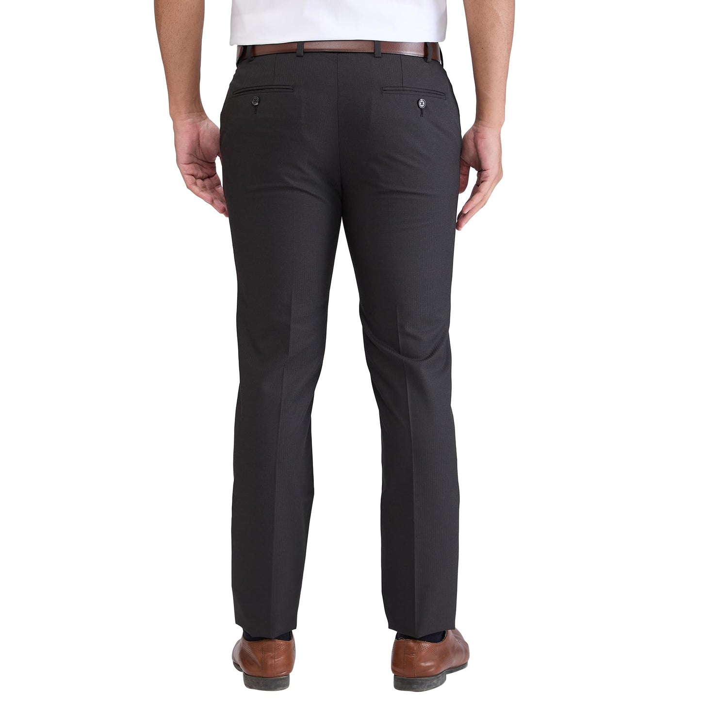 Raymond Men Slim Fit Stripe Pattern Polyester Blend Flat Front Formal Trouser (Size: 30)-RMTS05244-O8 Dark Brown