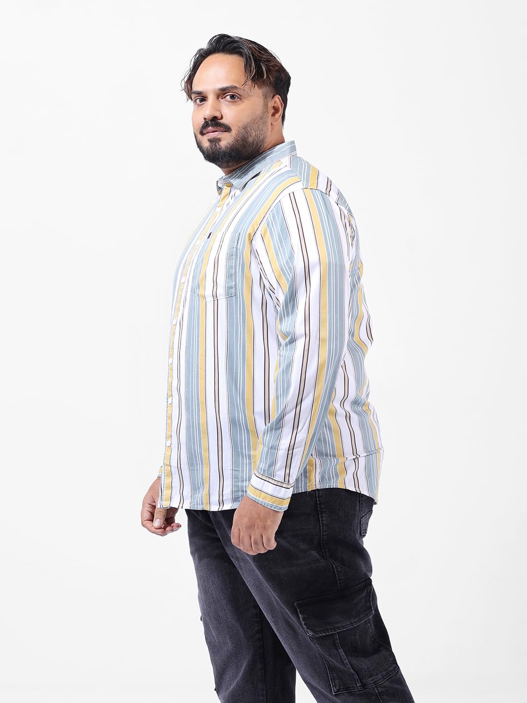 Hardsoda Men Plus Size Regular Fit Vertical Striped Casual Shirt (Green_5XL)