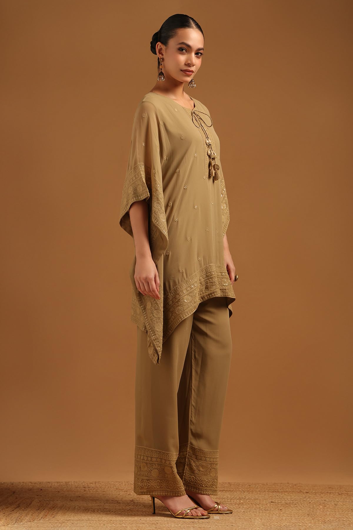 Soch Womens Olive Georgette Floral Kaftan Suit With Machine Embroidery and Tassel Details