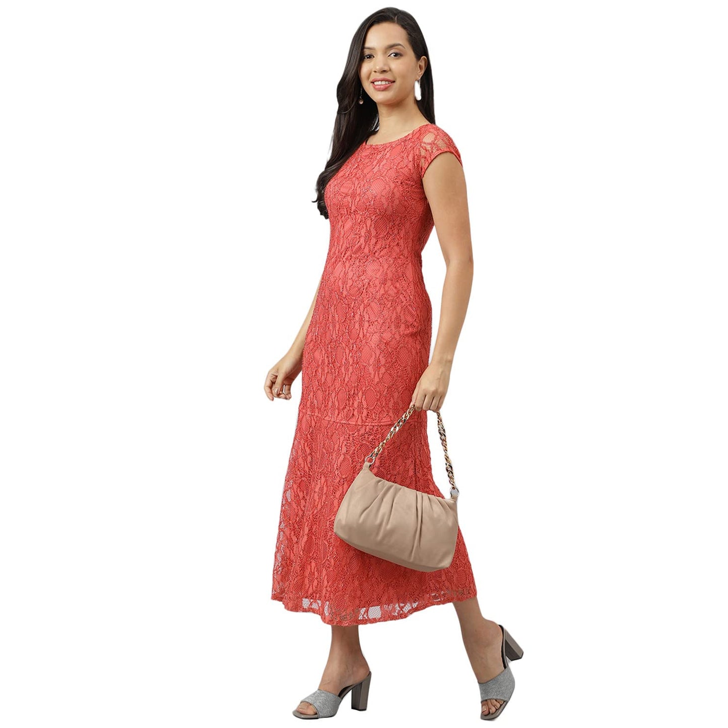 Latin Quarters Women's Rose Round Neck with Short Sleeve Lace Party Dress_XL