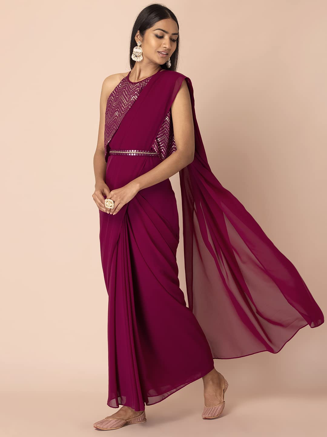 Indya Women's Woven Georgette Pre-Draped Saree (ITN04199_Wine)