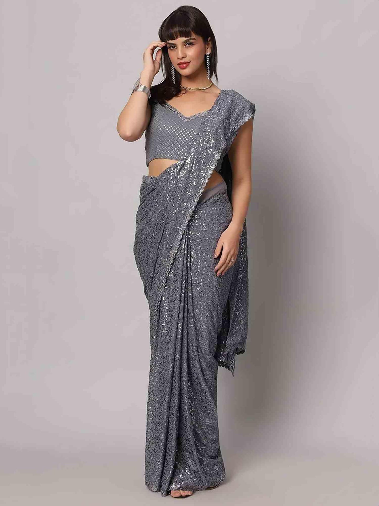 Zeel Clothing Women's Grey Sequins Work Heavy Georgette Saree with Blouse (1007-Slate-Grey-Sequins-Party-Saree-New, Slate Grey)