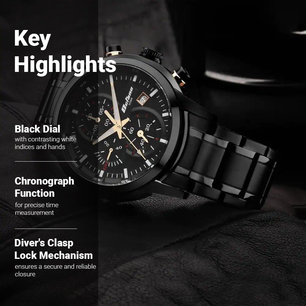 Titan Octane Quartz Chronograph with Date Black Dial Black Stainless Steel Strap Watch for Men - NT90086KM05