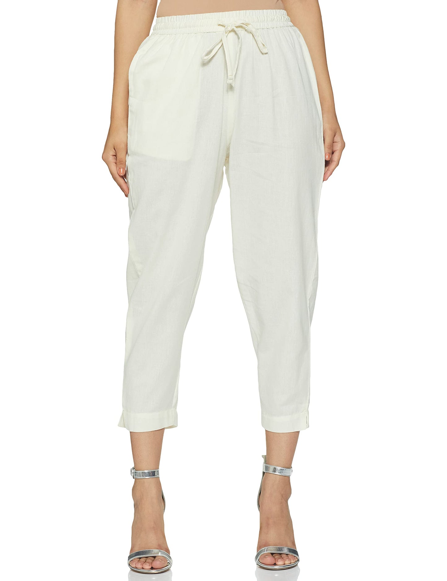 Max Women Solid Drawstring Waist Straight Pants_NOOSPT21OWOFF White_L