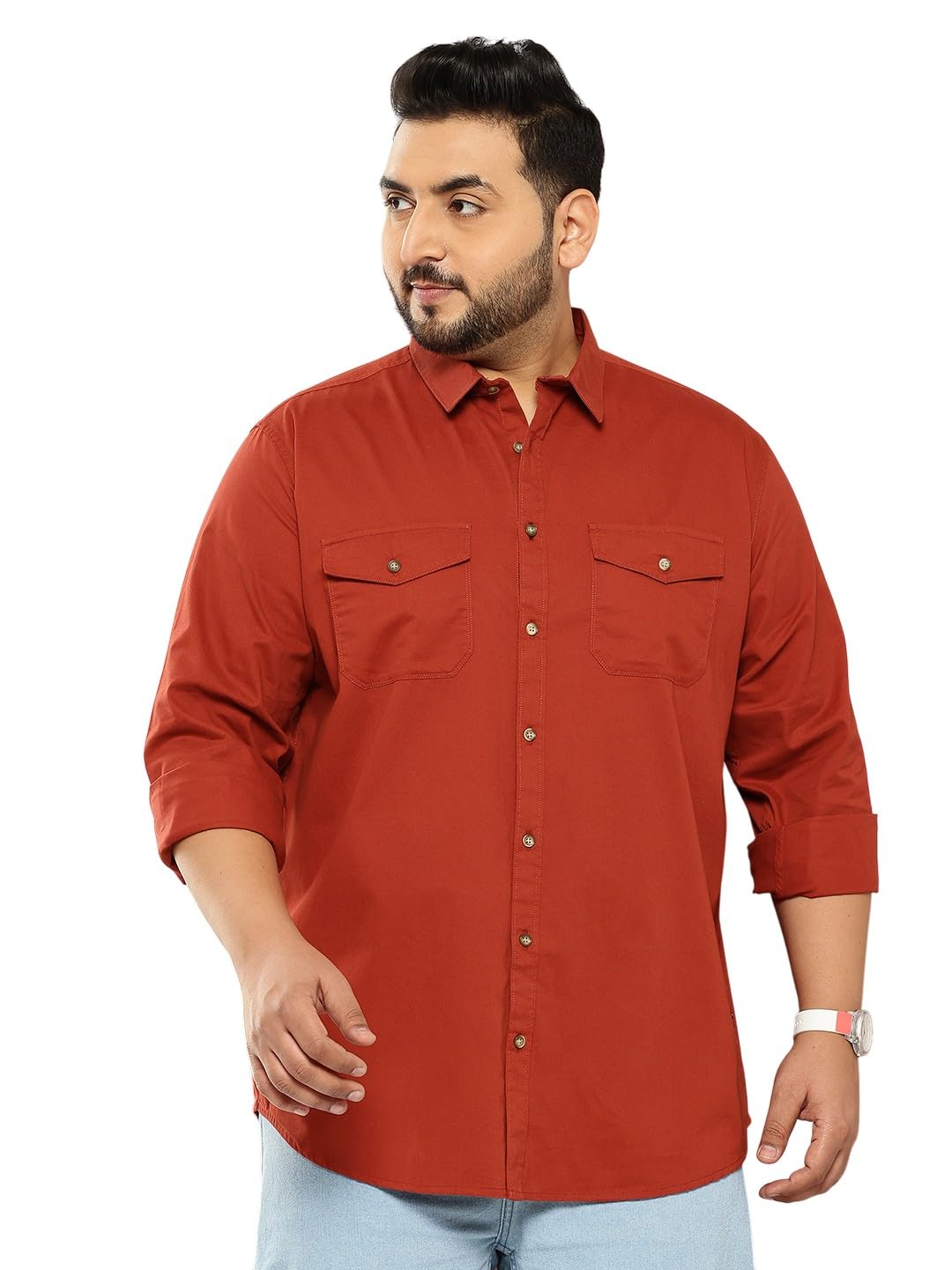 Thomas Scott Men's | Plus Size | Regular Fit | Long Sleeves | Spread Collar | Solid | 2 Flap Pockets | 100% Cotton | Casual | Shirt (TS1168_Rust_3XL)