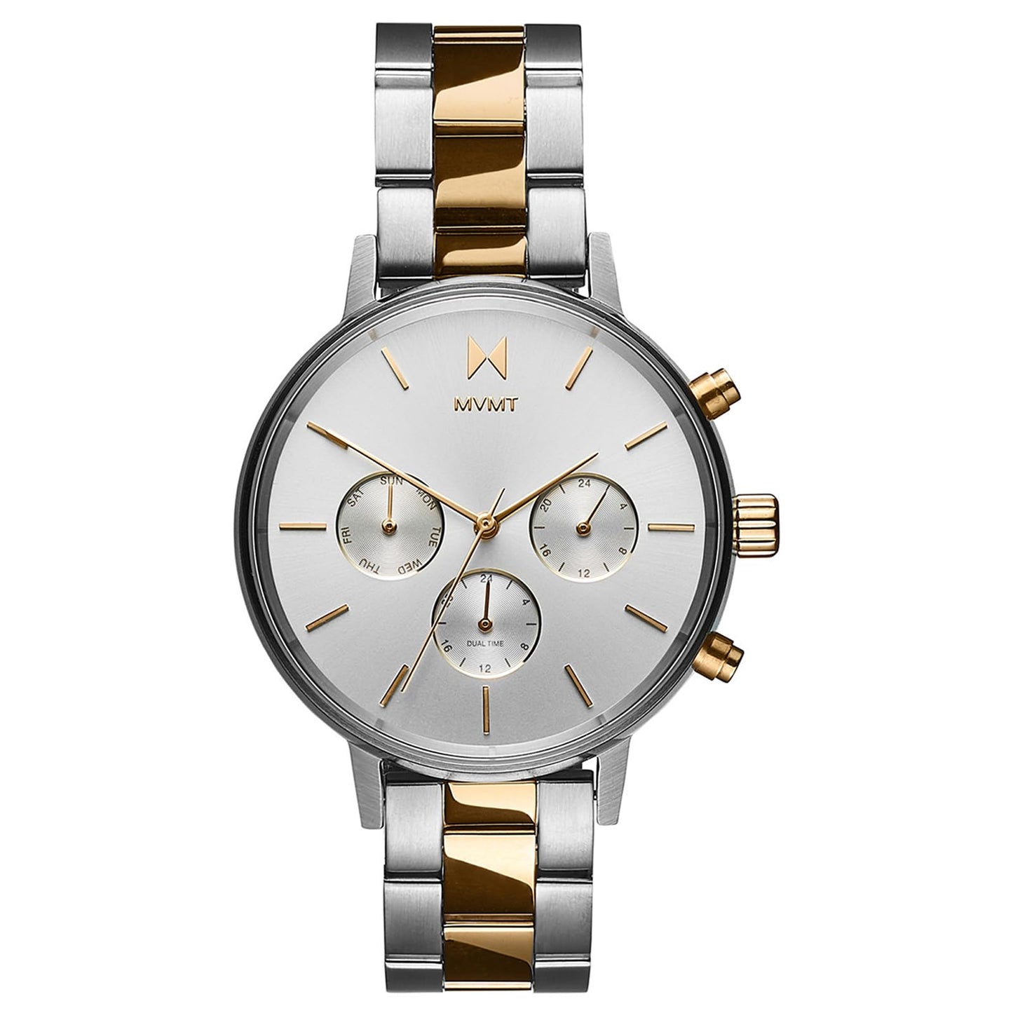 MVMT Nova Qtz Multifunction White Round Dial Women's Watch|Two Tone Stainless Steel Material|Silver Color Band - 28000113-D