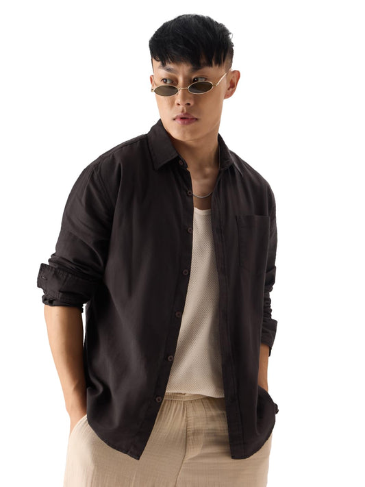 The Souled Store Grey Brown Men and Boys Long Sleeves Collared Neck Button Front Regular Fit Cotton Linen Shirts