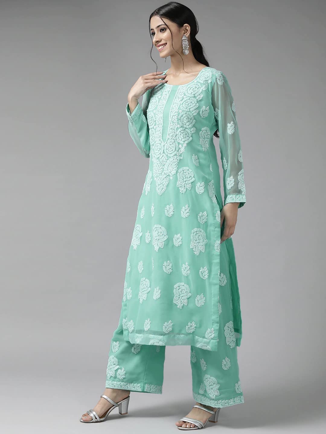 Ada Hand Embroidered Lucknow Chikankari Unstitched Georgette Dress Material Suit Set for Women A211211 Sea Green