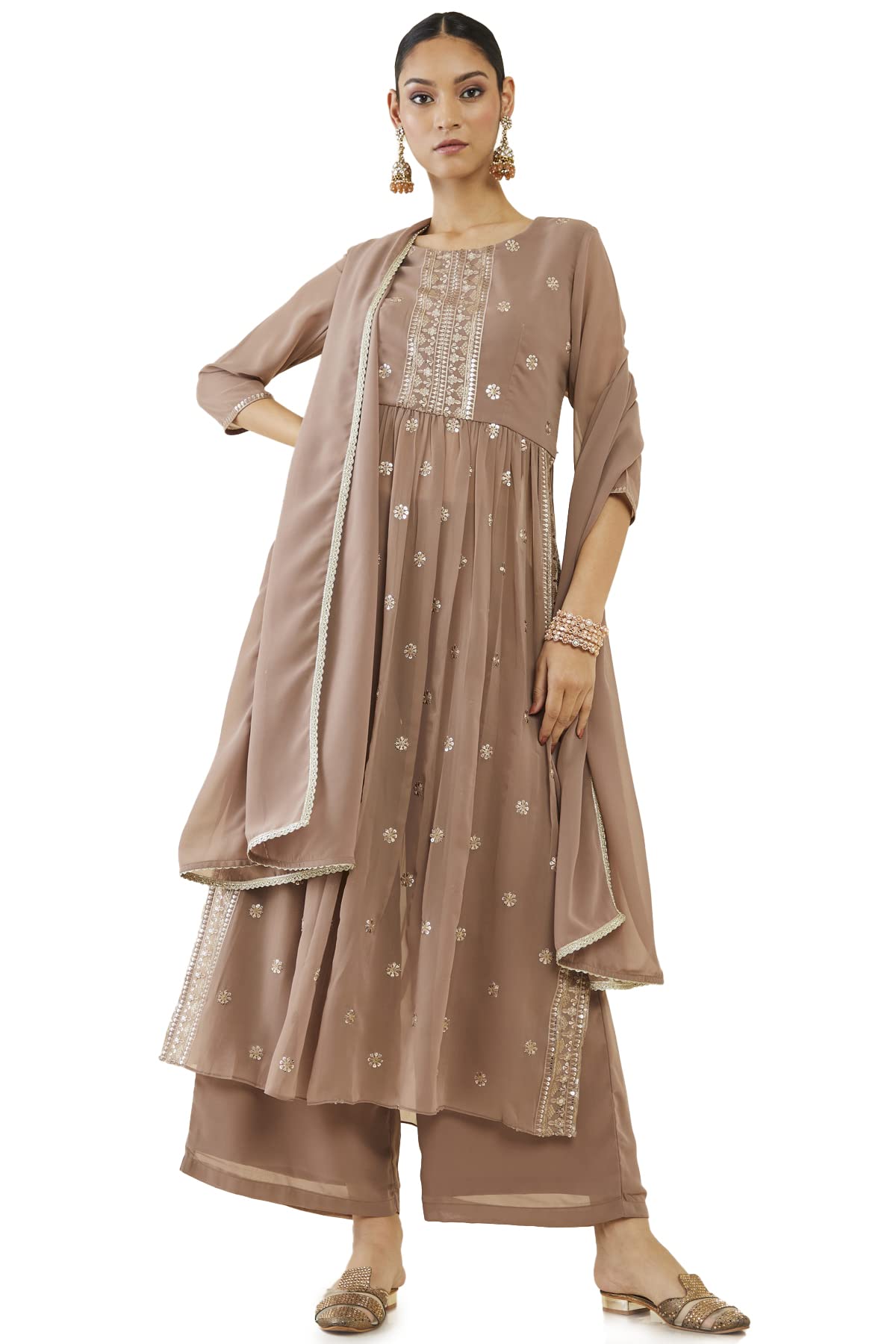 Soch Women Pink Georgette Embroidered Suit Set(Pink_L)