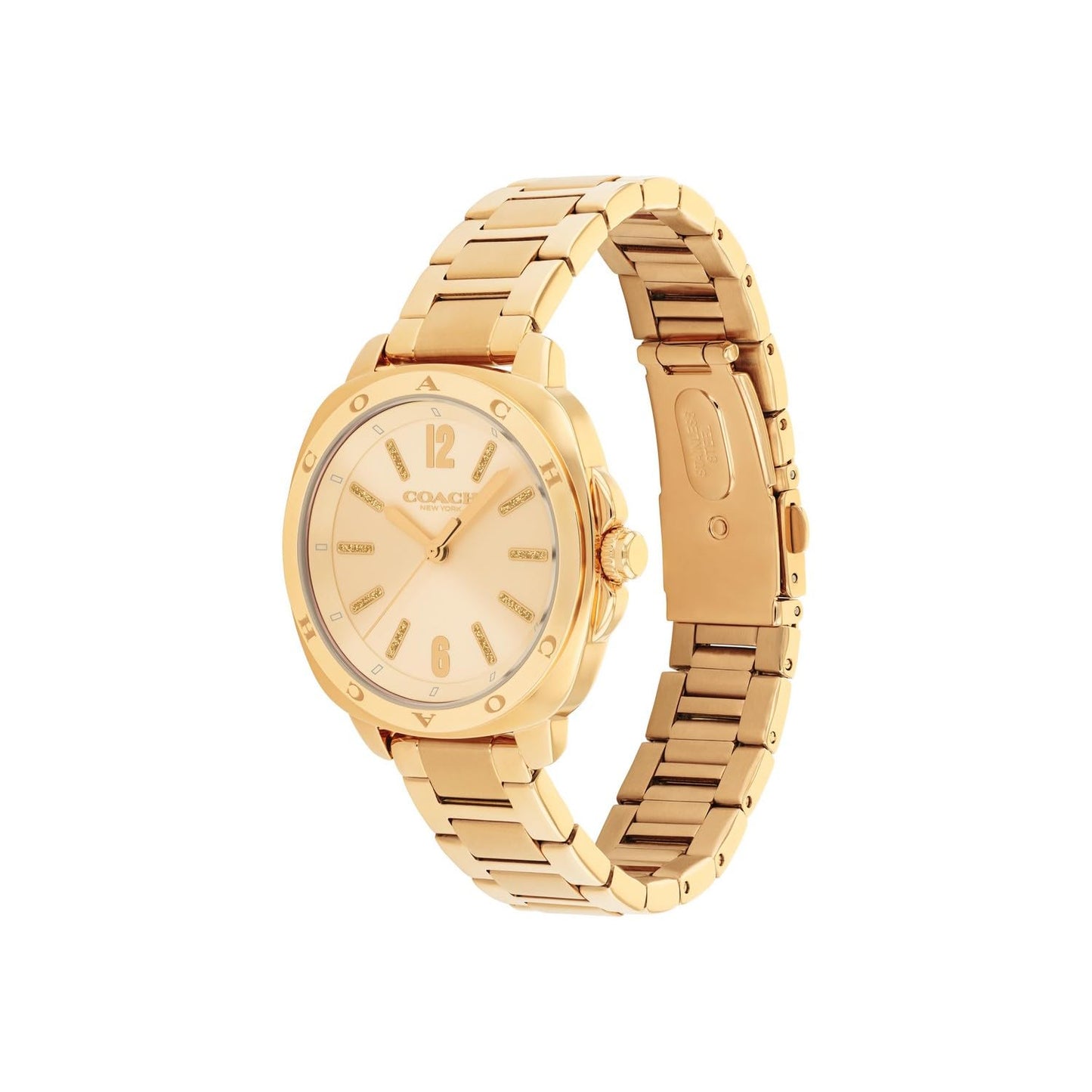 Coach Kitt Qtz Basic Champagne Tonneau Dial Women's Watch|Ionic Plated Thin Gold Steel Material|Gold Color Band - 14504468