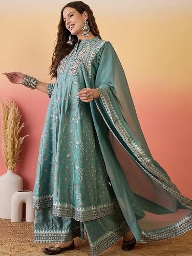 AVYUKTHA Silk Kurta Palazzo & Dupatta Set For Womens | Regular Fit | 3/4 Sleeve | V Neck | Printed Embroidery | Lightweight & Comfortable | Ethenic Dress | Ideal For Weddings & Parties | M | Teal