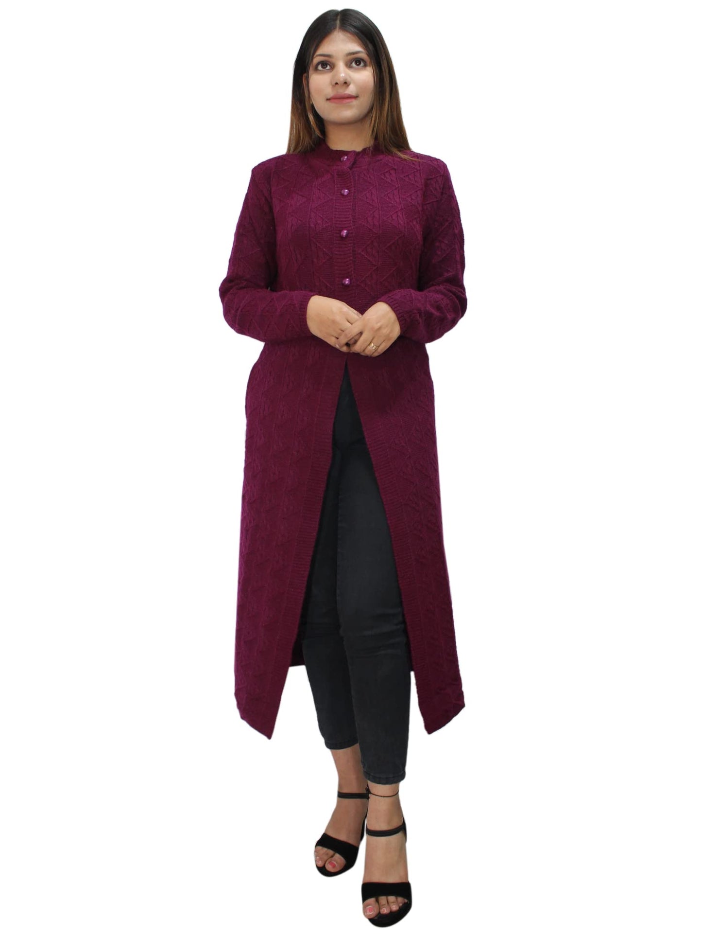 HAUTEMODA Wool Women Wollen Self Design Long Round Neck Coat/Sweater For Winters (Large, Purple)