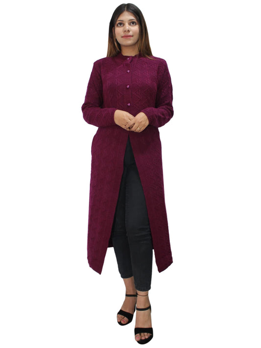 HAUTEMODA Wool Women Wollen Self Design Long Round Neck Coat/Sweater For Winters (Large, Purple)